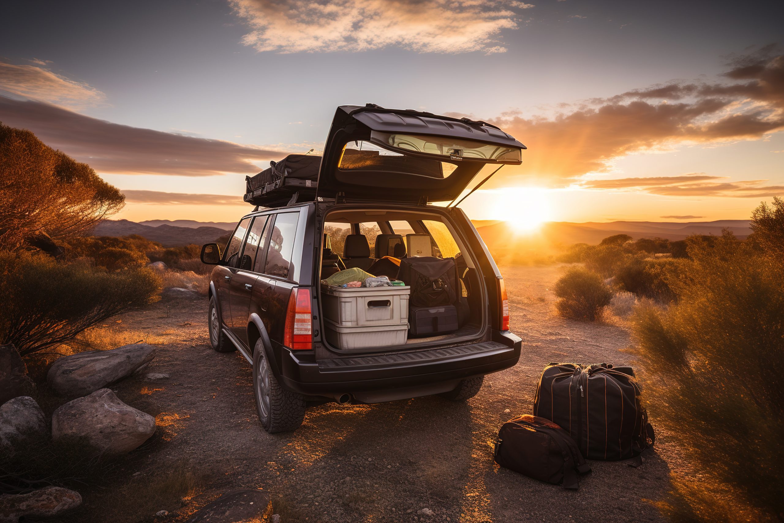 Car trunk full of camping stuff and hiking equipment. Generative ai Car on the highway along the sea coast.